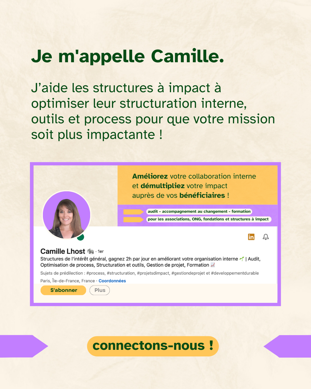 Page de fin de carrousel avec la bannière et la photo de profil de Camille.