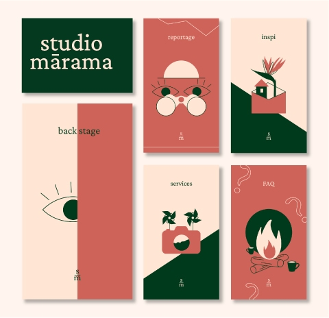 Illustrations pour les couvertures de stories à la une (Instagram) du studio Marama. Il y a 5 illustrations : Backstage est représenté par un œil, reportage par une personne qui regarde dans des jumelles, Inspi est représenté par une enveloppe contenant une maison et une fleur, Services est représenté par une appareil photo volant grâce à de petits moulins à vent et FAQ est représenté par une feu de camp accompagné de points d'interrogation.