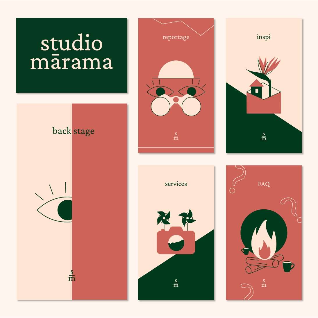 Illustrations pour les couvertures de stories à la une (Instagram) du studio Marama. Il y a 5 illustrations : Backstage est représenté par un œil, reportage par une personne qui regarde dans des jumelles, Inspi est représenté par une enveloppe contenant une maison et une fleur, Services est représenté par une appareil photo volant grâce à de petits moulins à vent et FAQ est représenté par une feu de camp accompagné de points d'interrogation.