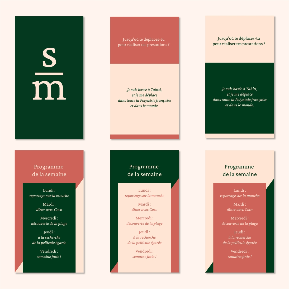 Présentation des stories "FAQ" et "Programme de la semaine". Il s'agit d'alternance d'aplats de couleurs de l'identité du strudio Marama (ocre, beige et vert sombre) ainsi que du texte écrit.