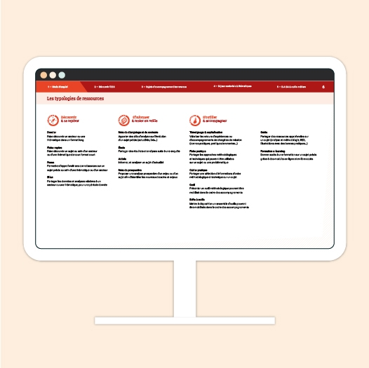 Page de présentation des typologies de ressources : 1) Découvrir & se repérer, 2) s'informer & rester en veille, 3) s'outiller & accompagner