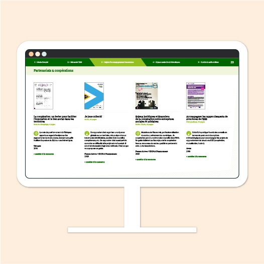 page de présentation de ressources de la troisième partie "Sujets d'accompagnements transverses". Couleur associée : vert. Sur chaque page : 4 ressources (photo, texte descriptif, date de publication et auteur)