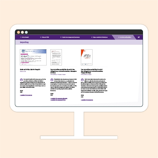 page de présentation de ressources de la cinquième partie "B.A. - BA & outils métiers". Couleur associée : violet. Sur chaque page : 4 ressources (photo, texte descriptif, date de publication et auteur)