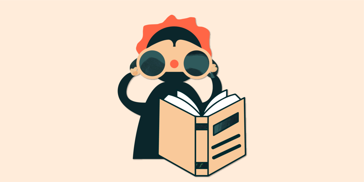 Illustration de l'article : une personne utilise des jumelles pour lire un livre.