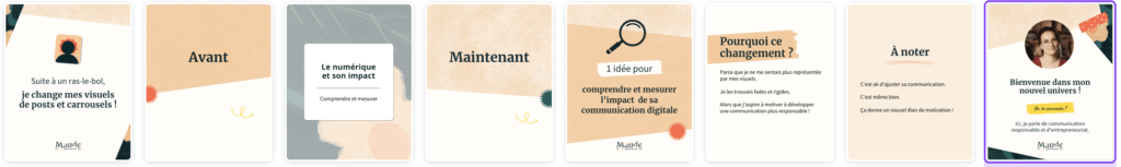 Exemple des pages contenues dans un de mes carrousels, dans lequel j'explique pourquoi j'ai changé d'univers visuel, avec un avant/après.