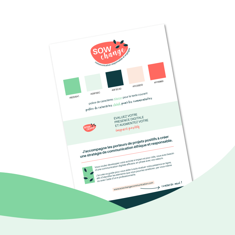 page A4 sur laquelle est définie l'identité visuelle de Sow Change communication, agence de stratégie de communication. En haut se trouve son logo (une graine rouge sur laquelle est écrit le nom, accompagné de quatre graines petites noires et roses en haut à droite). En dessous, ses couleurs et ses polices de caractères. Enfin un exemple d'utilisation des polices de caractères dans un texte.