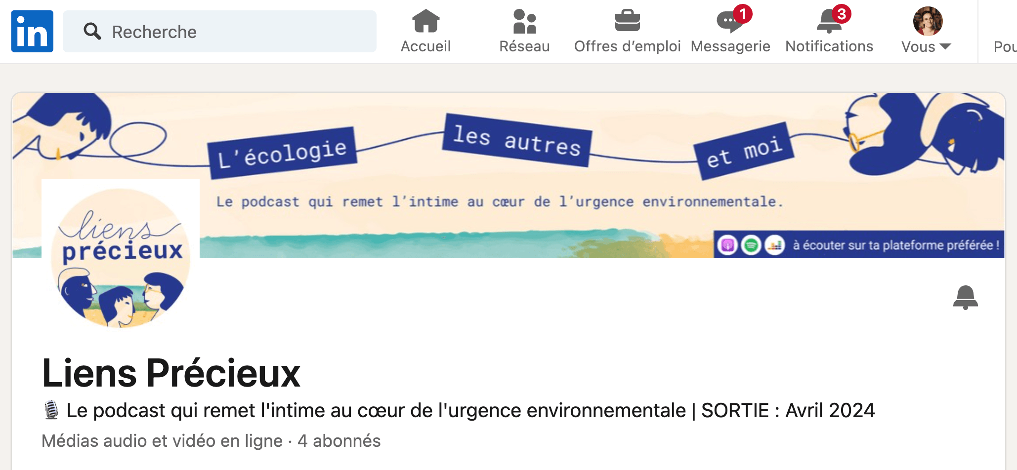 Page Linkedin dédiée au podcast Liens précieux