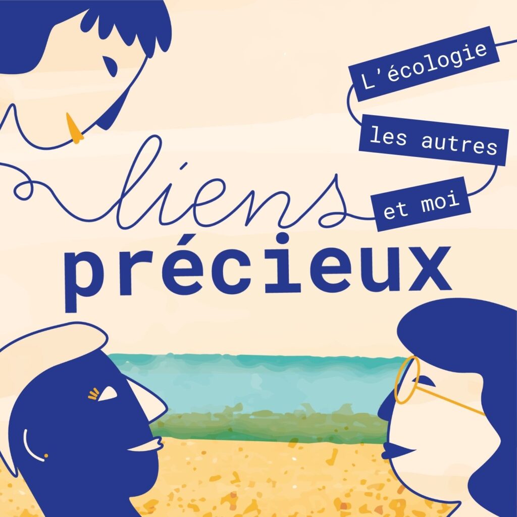 Cover du podcast, à intégrer aux différentes plateformes d'écoute. Il contient le nom du podcast, Liens précieux et trois têtes, représentant des personnes amenées à intervenir dans le podcast.