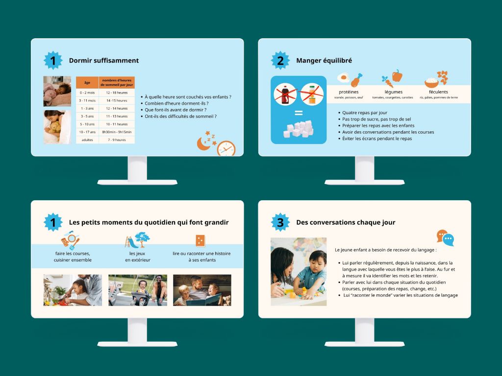 Quelques pages de la présentation projetée lors de la formation.