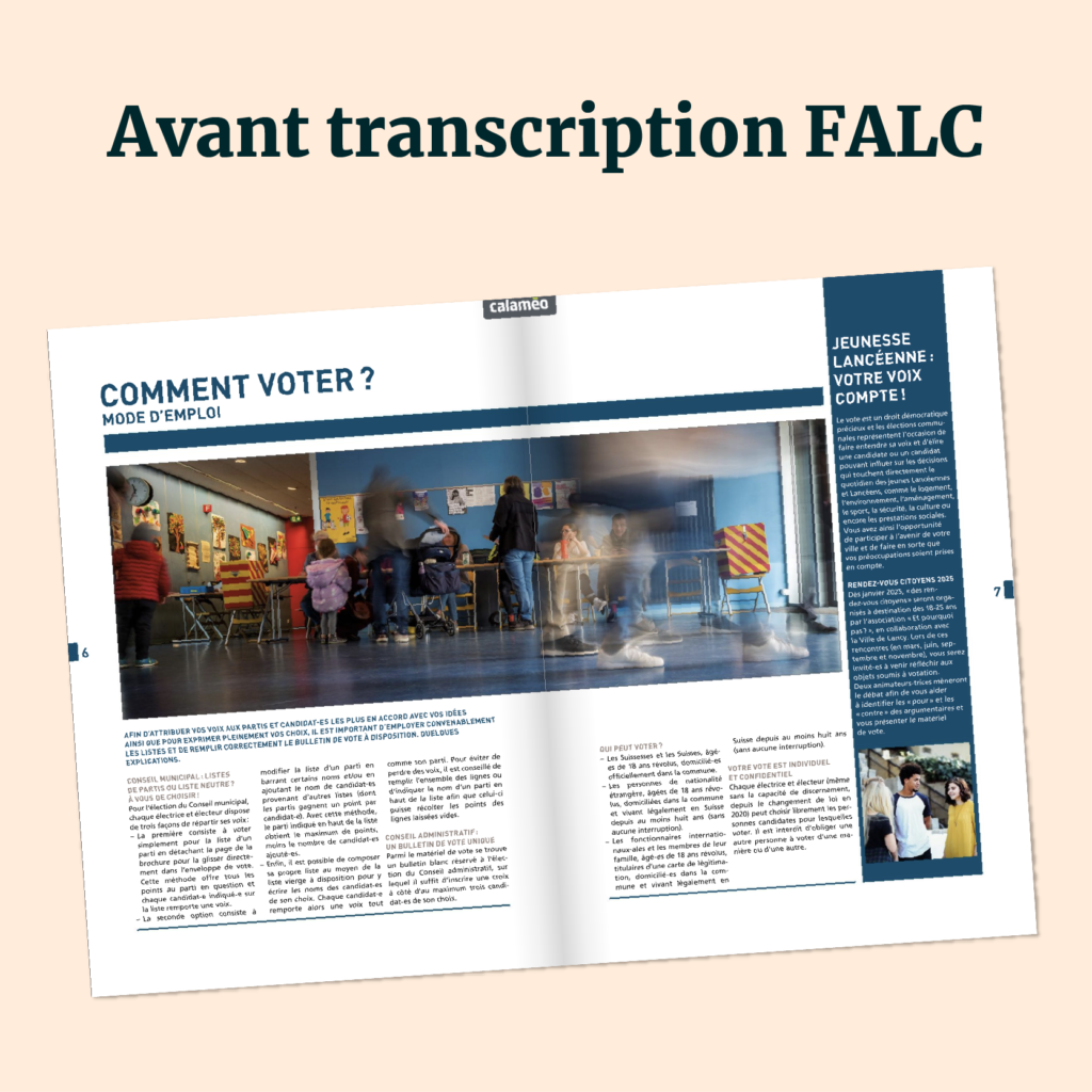 Intérieur d’un document explicatif sur “Comment Voter ? ” avant transcription FALC. Le texte est dense, peu lisible ou compréhensible.