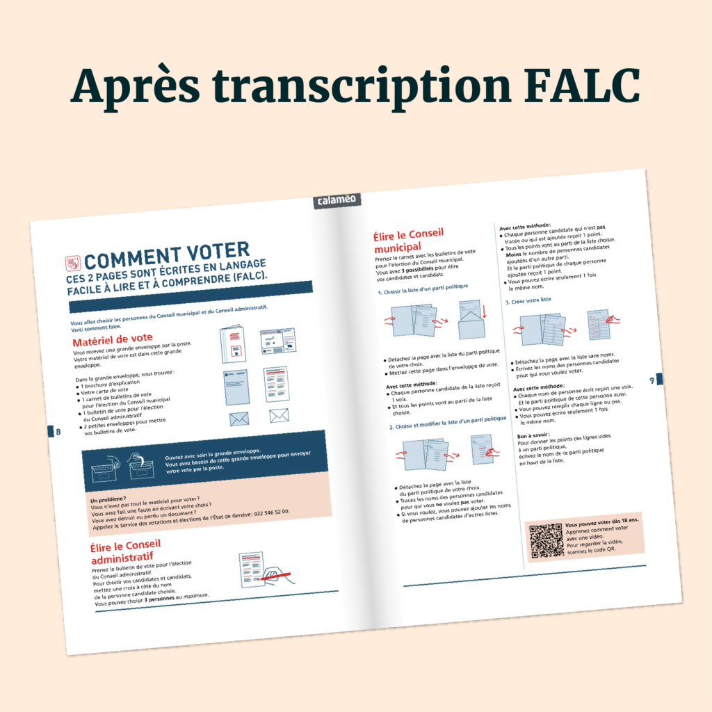 Intérieur d’un document explicatif “Comment Voter ?” après transcription FALC. Le texte est aéré et le langage est simple.